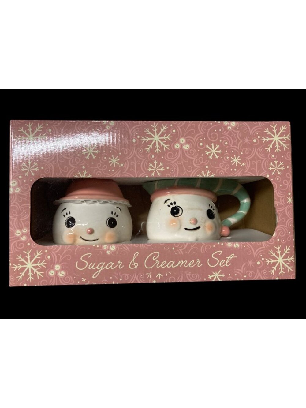Johanna Parker Carnival Cottage Snowman Sugar and Creamer Set Pastel new in Box
